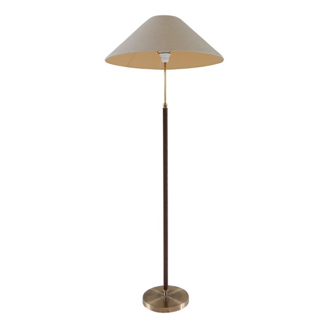 Mid-Century Modern Brass and Brown Leather Floor Lamp from Falkenbergs Belysning, Sweden, 1960s For Sale