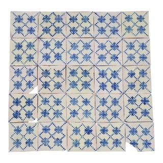 19th Century Portuguese Quatrefoil Tiles Set of 25 Blue & Antique White Decorative For Sale