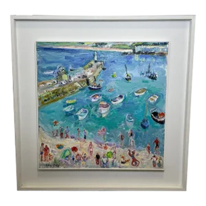 British Expressionist Nautical Oil Painting St Ives Smeaton's Pier Beach Fun in the Sun Cornwall by