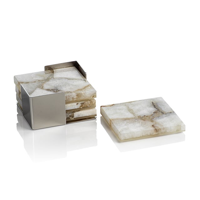 Contemporary Corfu Agate Coasters on Metal Tray, Taupe & White, 5 Pieces For Sale - Image 3 of 3
