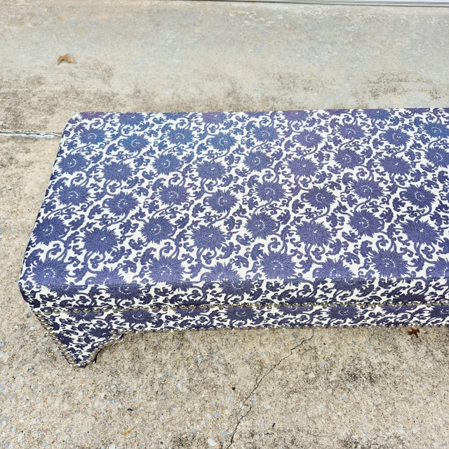 Chinoiserie Ralph Lauren Style Oversized (5' Long) Blue & White Floral Upholstered Ottoman Bench For Sale - Image 3 of 9
