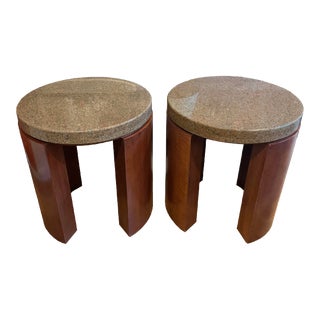 Pair of Sculptured Mahogany Side Tables With Thick Granite Top, Signed by Artist For Sale