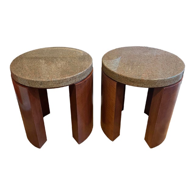 Pair of Sculptured Mahogany Side Tables With Thick Granite Top, Signed by Artist For Sale