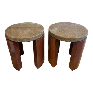 Pair of Sculptured Mahogany Side Tables With Thick Granite Top, Signed by Artist