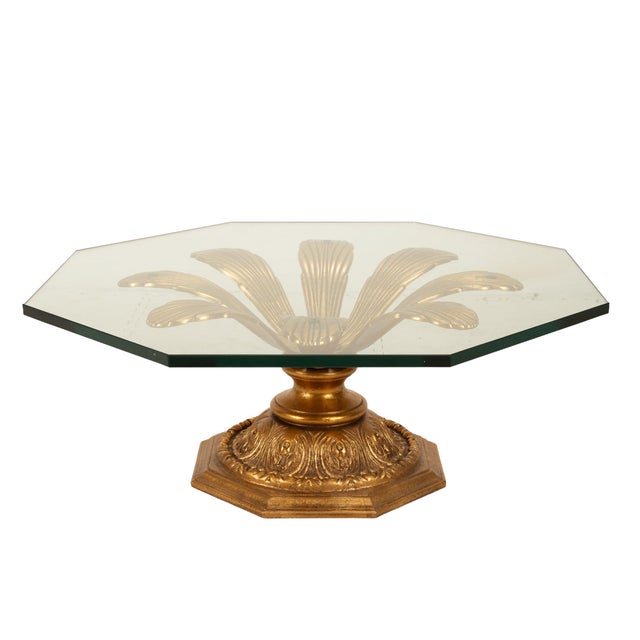 Spectacular vintage Hollywood Regency coffee table in the style of Arthur Court. Metal base gilded with gold and black...