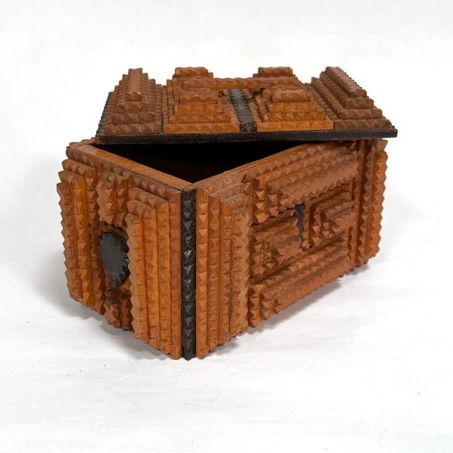 Wood Tramp Art Carved Box With Handled Lid For Sale - Image 7 of 12
