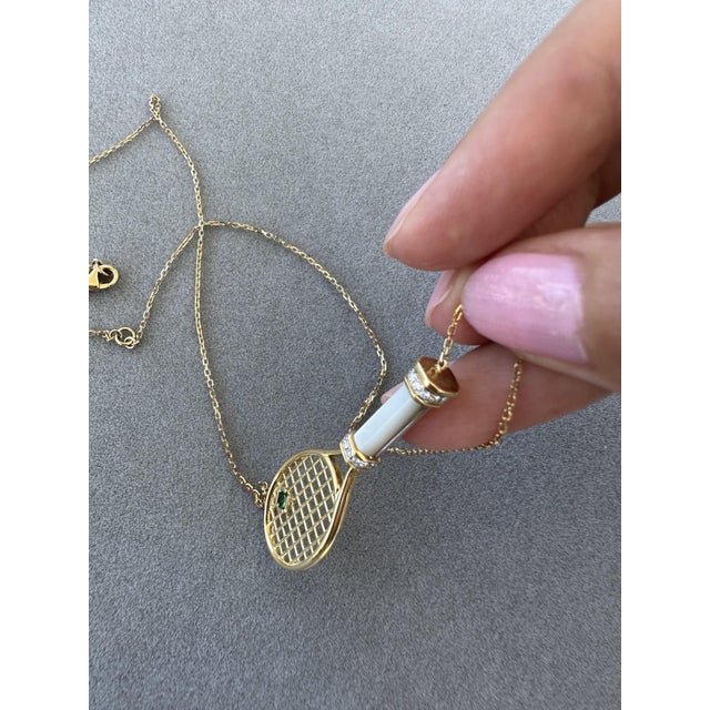 Diamond White Pearl Emerald 18 Karat Gold Tennis Racket Charm Pendant Necklace For Sale - Image 15 of 17