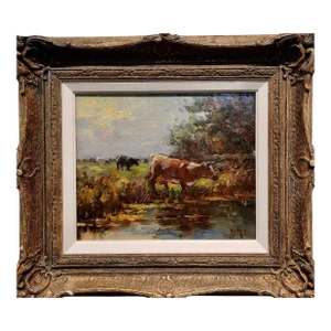 Cows at a Watering Hole in a Farm Landscape-19th Century Oil Painting