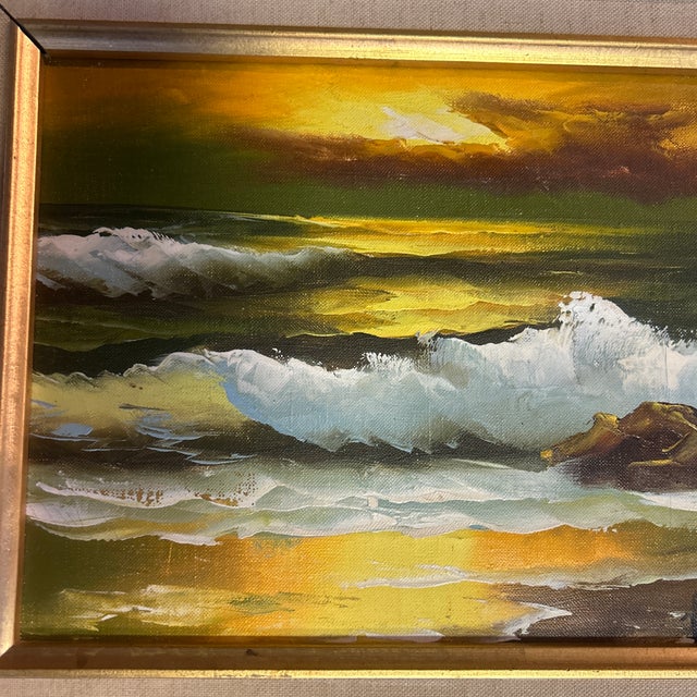 1970’s impressionist ocean sunrise seascape painting on canvas. Signed and framed. Measures 10x8 or 15x13 framed. Check...