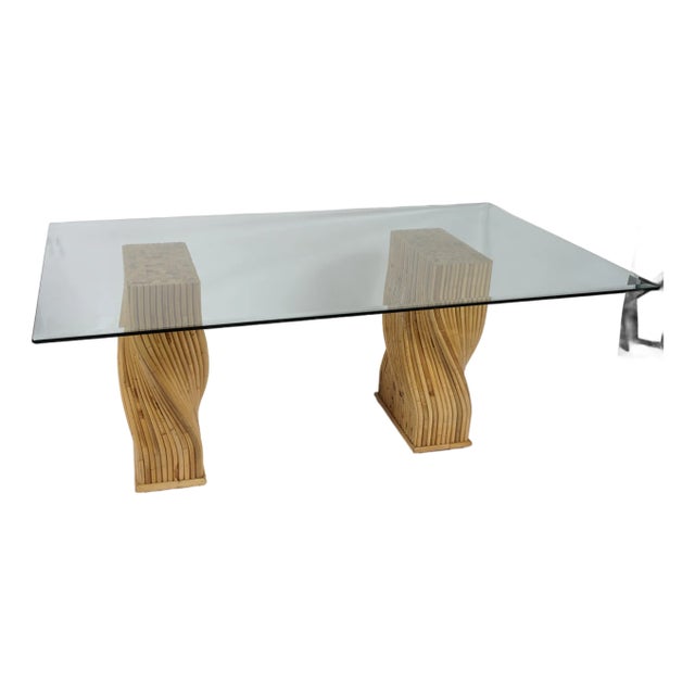 1970s McGuire Organic Modern Twisted Rattan Dining Table Bases With Glass Top For Sale