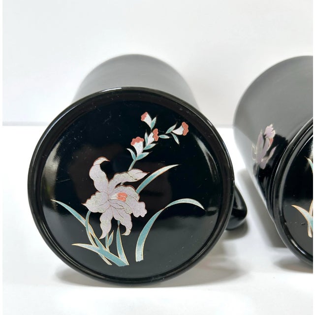 1980s Iris Flower Black Coffee/Tea Mugs & Lids - Set of 2 For Sale - Image 9 of 11
