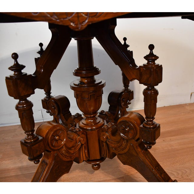 1880s Antique Victorian Renaissance Revival Walnut & Marble Top Center Table For Sale - Image 16 of 18