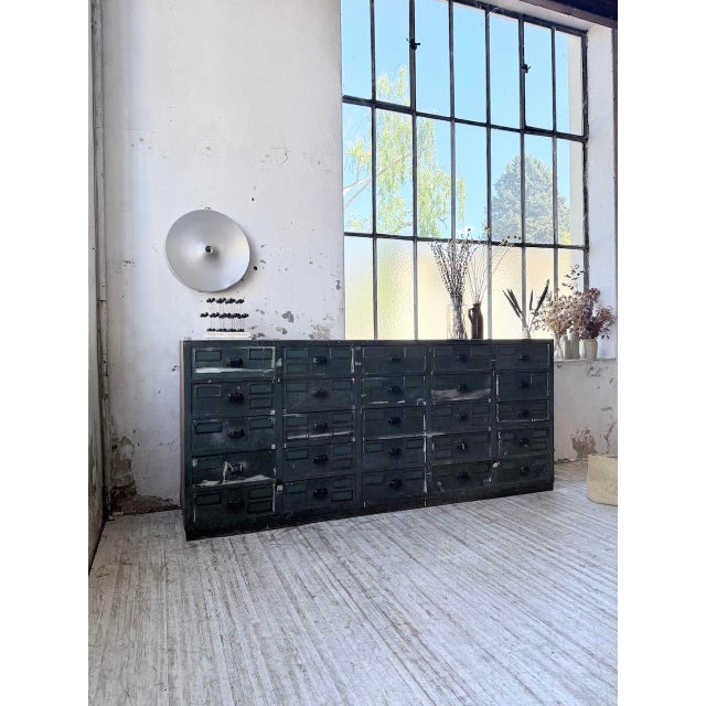 1950s Blue Patinated Oak and Beech Workshop Cabinet with Drawers, 1950s For Sale - Image 5 of 18