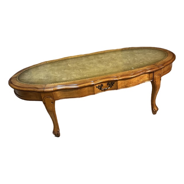 Vintage Mid-Century French Provincial Oval Coffee Table With Tooled Leather Top For Sale