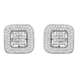 10K White Gold 1.0 Cttw Round and Princess Cut Diamond Composite Open Halo Stud Earrings (H-I Color, SI1-SI2 Clarity) For Sale