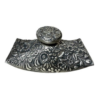 Antique Ornate Tiffany & Co. Silver Wood Repousse Ink Blotter Desk Top Article For Sale