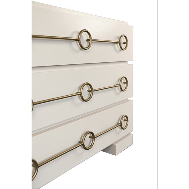 Worlds Away Matthew Izzo Home Roderick Antique White Matte Lacquer Three Drawer Chest With Brass Accents For Sale - Image 4 of 7