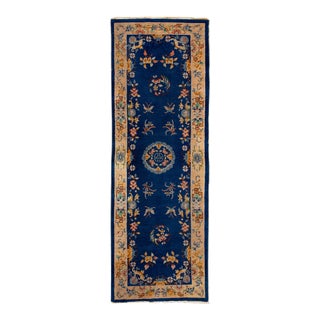 Antique Art Deco Chinese Handmade Navy Blue Wool Runner For Sale