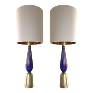 Set of 2 Contemporary Gold and Blue Murano Glass Table Lamps With Gold Leaf