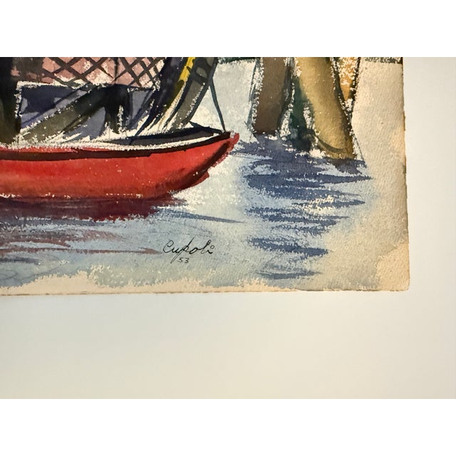 Paper 1953 Watercolor Painting of Boatyard by James Vincent Cupoli For Sale - Image 7 of 7