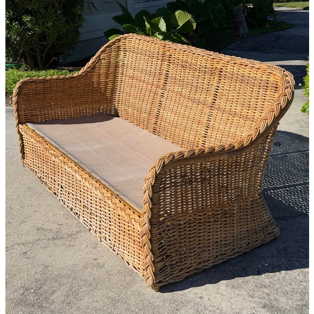 Vintage 72” Handwoven Rattan Sofa With Large Braid Trim For Sale - Image 4 of 12