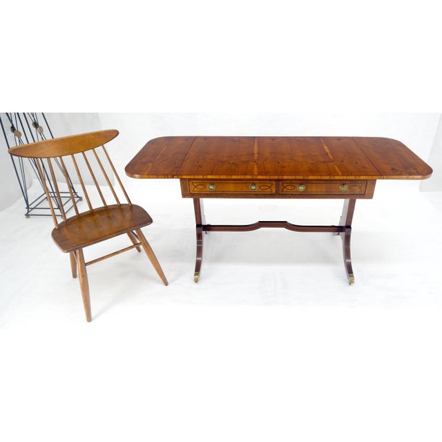 Yew Wood Drop Leaves Two Drawers Low Profile Brass Feet Desk Console Table MINT For Sale - Image 6 of 18