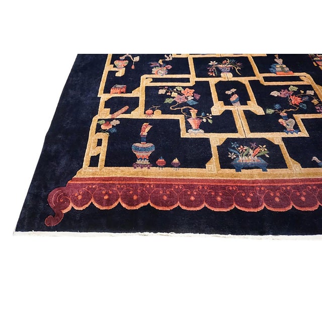 Special Shelf With Details of Chinese Culture in a Black Fiedl Antique Art Deco Rug For Sale - Image 9 of 12