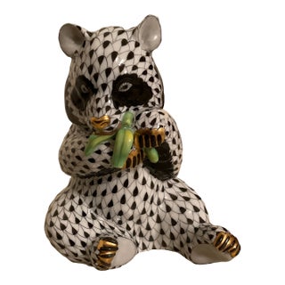 Late 19th Century Herend Black Fishnet Panda Bear Eating a Bamboo Shoot For Sale