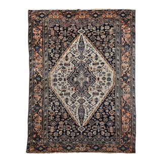 Vintage Persian Malayer Area Rug, Handwoven Geometric Medallion Pattern, Ivory & Navy, 5’ X 7’ For Sale