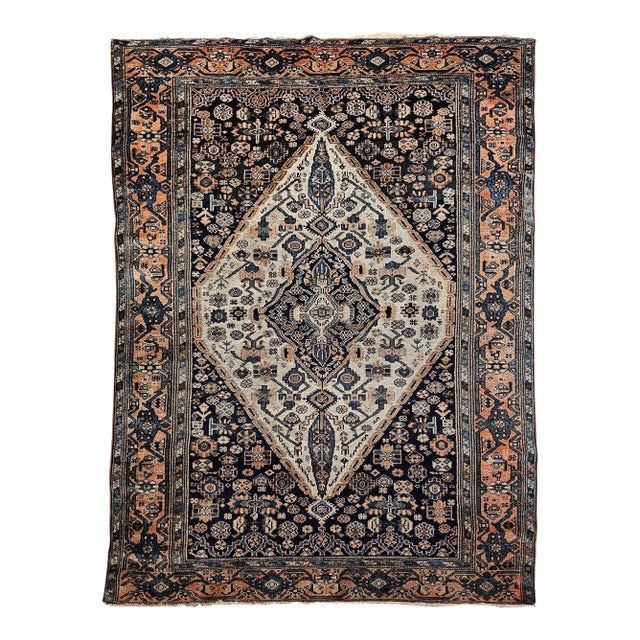 Vintage Persian Malayer Area Rug, Handwoven Geometric Medallion Pattern, Ivory & Navy, 5’ X 7’ For Sale