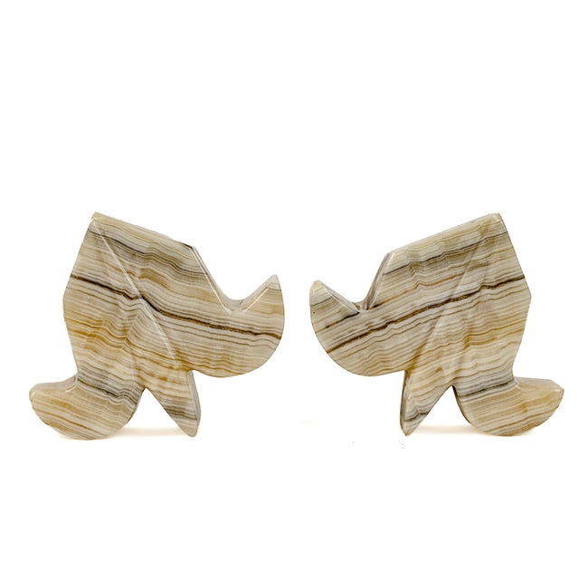 Vintage Hand Carved Striped Onyx Marble Fleur De Lis Bookends For Sale In Tulsa - Image 6 of 9