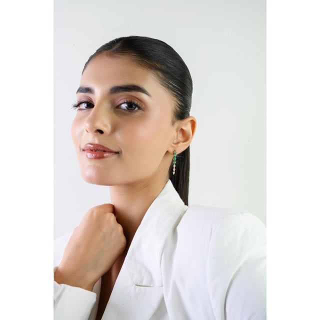 Late 20th Century Contemporary Emerald Diamond Wedding Dangle Earrings in 14k Gold- A Pair For Sale - Image 5 of 13