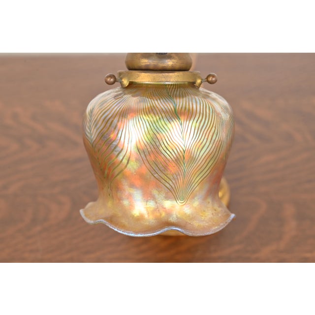 Tiffany Studios Tiffany Studios New York Bronze Doré Counterbalance Desk Lamp With Favrile Glass Pulled Feather Shade, Circa 1910 For Sale - Image 4 of 12