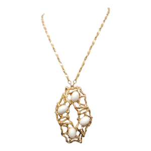 Vintage 1973 Signed Napier Goldtone White Cabochon Rhinestone Pendant Necklace