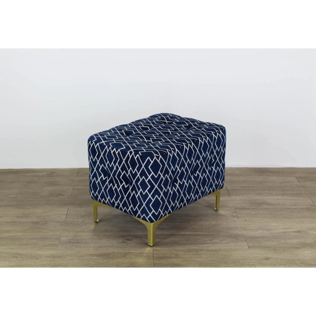 Blue & Cream Geometric Ottomans on Metal Legs - a Pair For Sale - Image 4 of 9