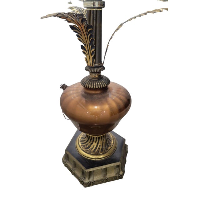 Hollywood Regency Vintage Hollywood Regency Tall Glass Top Amber Brass Palm Leaf Black Side Table Floor Lamp For Sale - Image 3 of 8