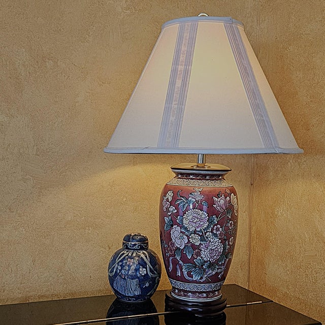 Late 20th Century Chinese Chinoiserie Porcelain Table Lamp With Floral Motif & Silk Shade — 28" For Sale - Image 17 of 18