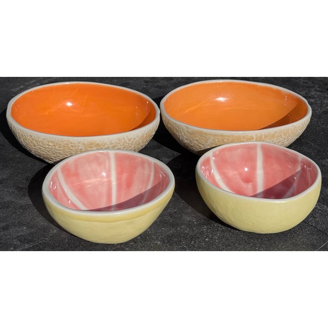 Ceramic Set of Four Melon & Citrus Majolica Style Trompe L’Oleil Bowls For Sale - Image 7 of 11