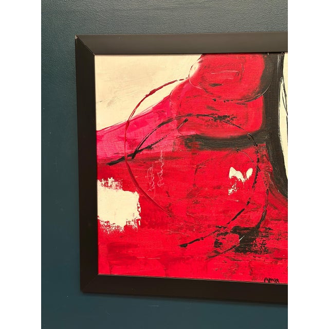 Original oil on canvas – “red composition” by amh – signed – vintage & framed – 82 × 82 cm (32.3" × 32.3") incl. Frame an...