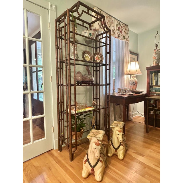 Vintage Hollywood Regency Chinoiserie Metal Faux Bamboo Pagoda Etagere For Sale - Image 4 of 11