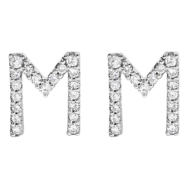 10K White Gold 1/10 Cttw Diamond 'M' Initial Stud Earring For Sale