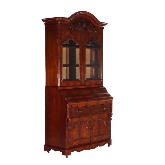 Antique Neoclassical Renaissance Revival Flame Mahogany Drop Front Secretary For Sale - Image 13 of 14