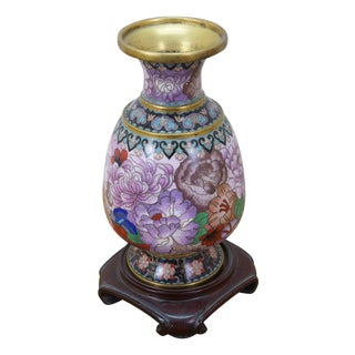 Chinese Brass Cloisonne Enamel Chrysanthemum Bud Vase on Stand 8" For Sale