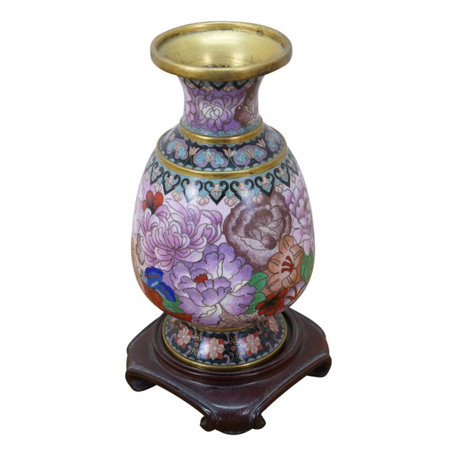 Chinese Brass Cloisonne Enamel Chrysanthemum Bud Vase on Stand 8" For Sale