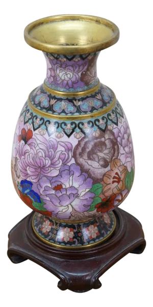 Chinese Brass Cloisonne Enamel Chrysanthemum Bud Vase on Stand 8"