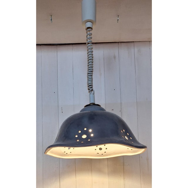 1970s Vintage Adjustable Ceiling Lamp with Blue-Grey Ceramic Shade on Plastic Mount, 1970s For Sale - Image 5 of 7