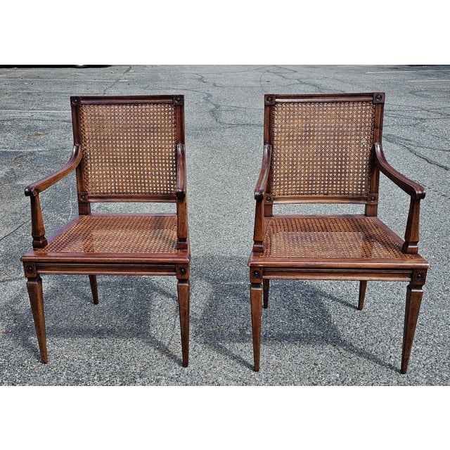 Neoclassical Mid 20th Century Pair of Neoclassical Style Caned Seat and Back Patinated Walnut Arm Chairs For Sale - Image 3 of 9