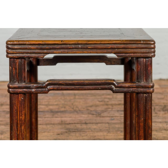 Early 20th Century Antique Chinese Dark Brown Side Table with Reeded Humpback Stretchers For Sale - Image 5 of 12