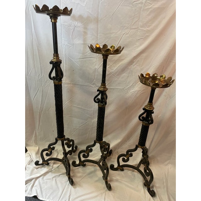 2000s Maitland-Smith Iron and Brass Large Candlesticks- Set of 3 For Sale - Image 10 of 10