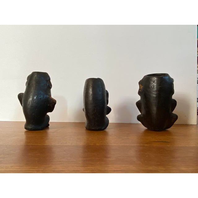3 Brutalist Clay Figures South American Mexican Pre Columbian Style Black Ware Musical Seated Vintage / Antique 3 Antique...